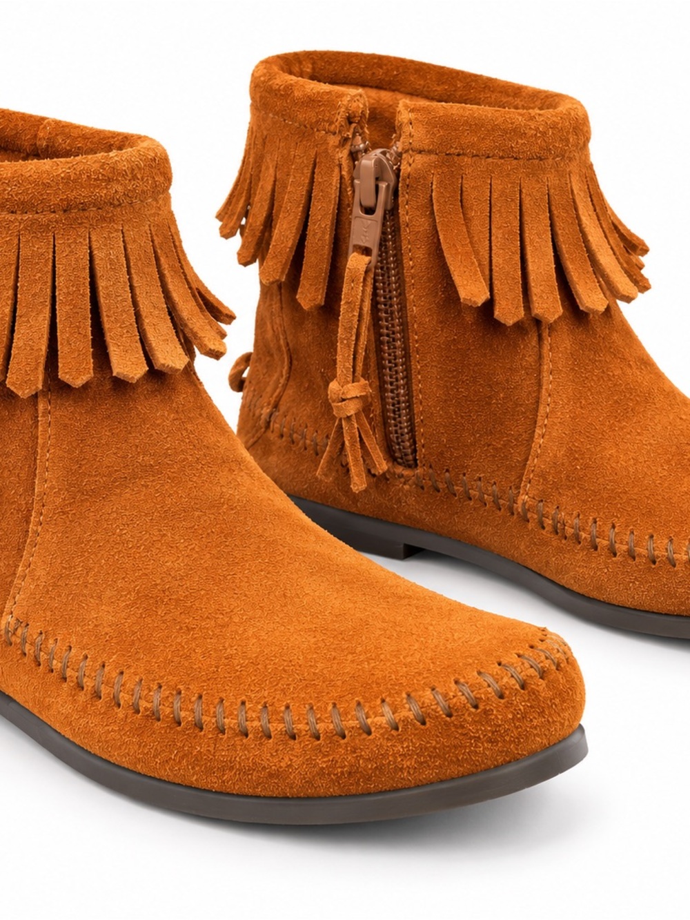 Minnetonka Fringe Suede Ankle Booties Cinnamon Brown Moccasin Womens Size 7